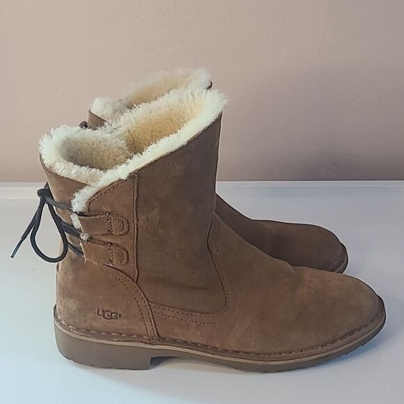 UGG Naiyah Suede Tie Back Boots Chestnut Tan Size 8 - Picture 5 of 16